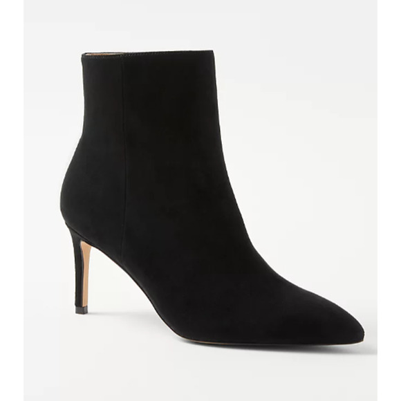 NWOB Ann Taylor Straight Stiletto Heel Suede Booties Black Gold Zip 8.5 - Picture 2 of 7